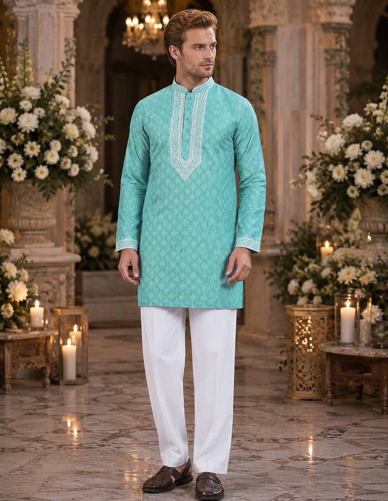 Sky embroidered silk blend straight kurta