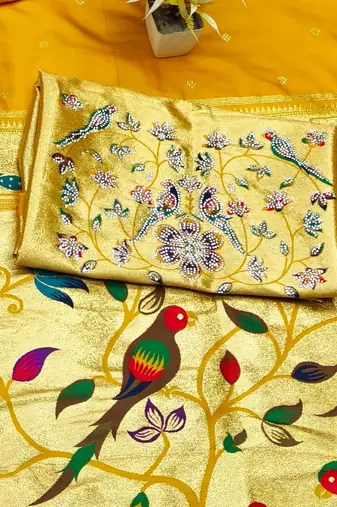 Yellow zari woven paithani silk traditional saree with swarovski blouse piece
