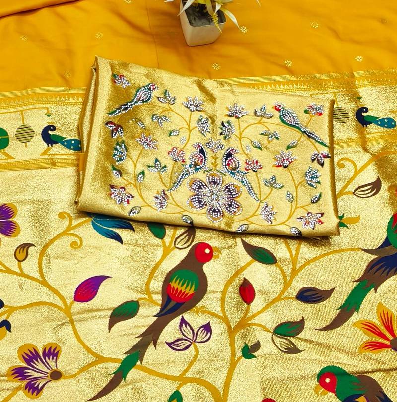 Yellow zari woven paithani silk traditional saree with swarovski blouse piece