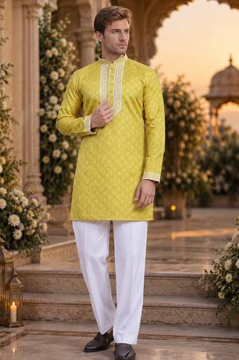 Yellow embroidered silk blend straight kurta