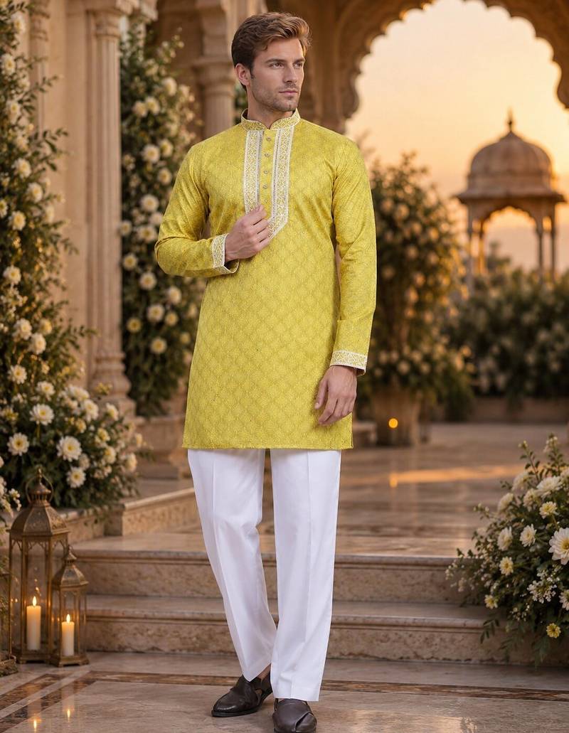 Yellow embroidered silk blend straight kurta