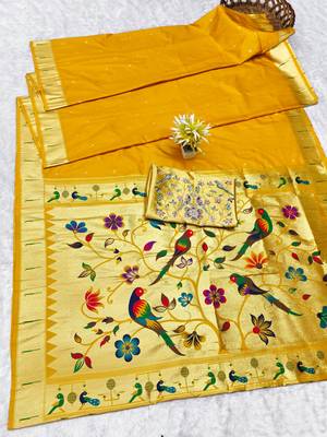Yellow zari woven paithani silk traditional saree with swarovski blouse piece 5