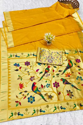 Yellow zari woven paithani silk traditional saree with swarovski blouse piece