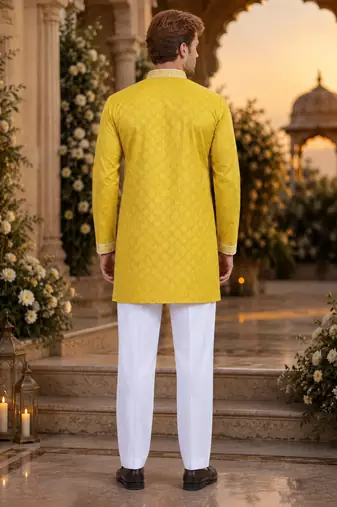 Yellow embroidered silk blend straight kurta