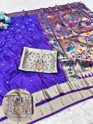 Purple zari woven paithani silk traditional saree with swarovski blouse piece 1