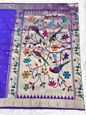 Purple zari woven paithani silk traditional saree with swarovski blouse piece 2