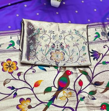 Purple zari woven paithani silk traditional saree with swarovski blouse piece 4