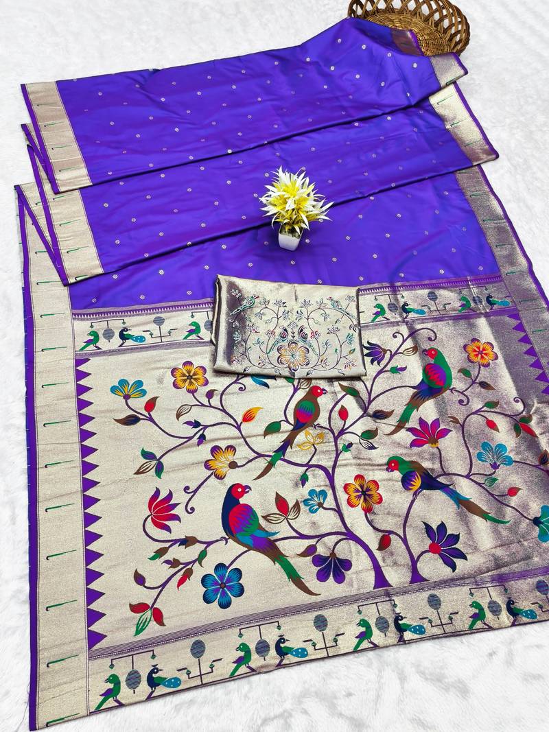 Purple zari woven paithani silk traditional saree with swarovski blouse piece