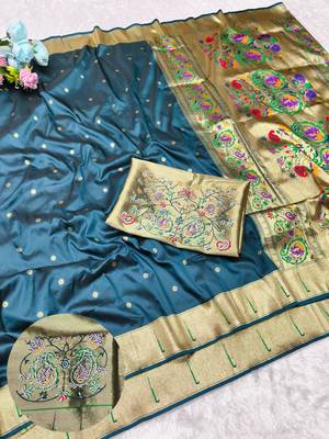 Blue zari woven paithani silk traditional saree with swarovski blouse piece 1