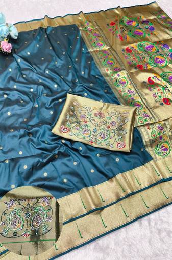 Blue zari woven paithani silk traditional saree with swarovski blouse piece