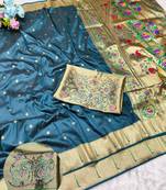 Blue zari woven paithani silk traditional saree with swarovski blouse piece