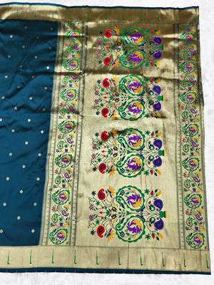 Blue zari woven paithani silk traditional saree with swarovski blouse piece 2