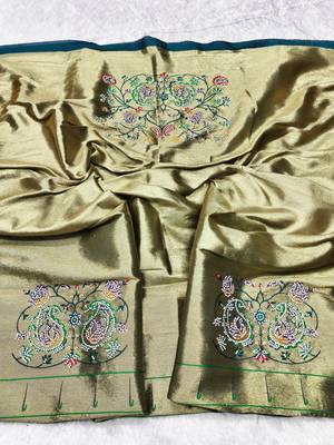 Blue zari woven paithani silk traditional saree with swarovski blouse piece 3