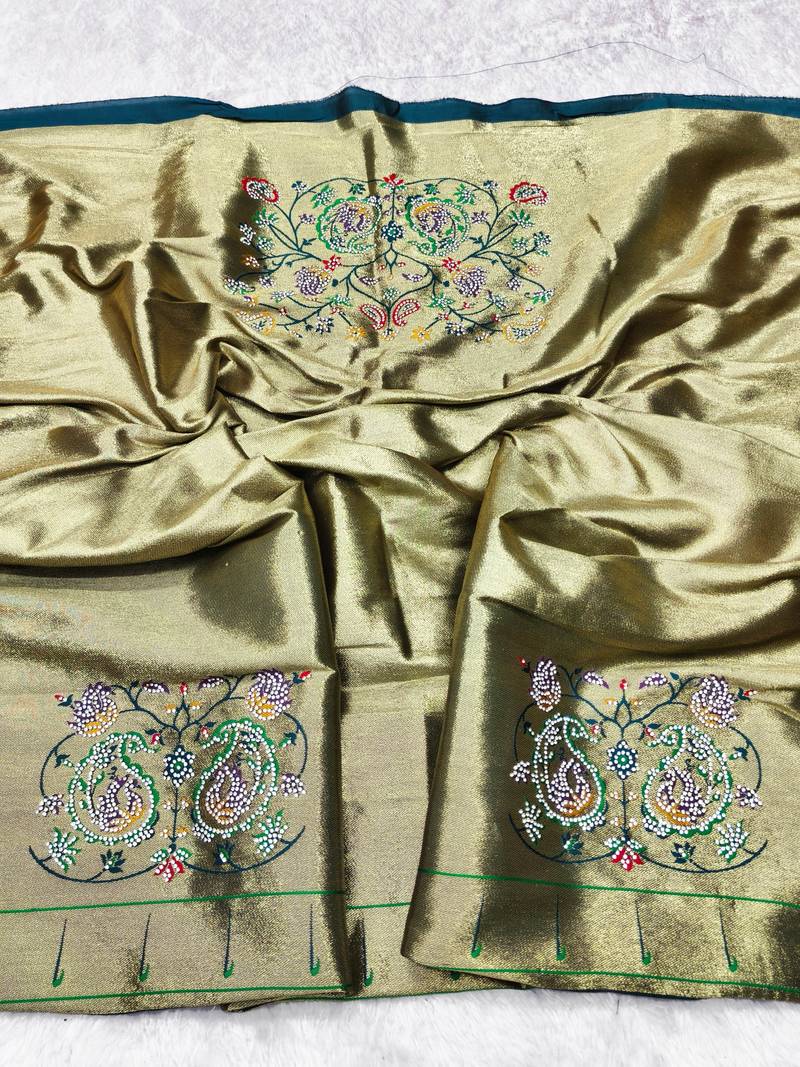 Blue zari woven paithani silk traditional saree with swarovski blouse piece