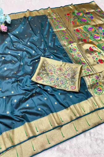 Blue zari woven paithani silk traditional saree with swarovski blouse piece