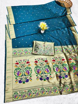 Blue zari woven paithani silk traditional saree with swarovski blouse piece 5