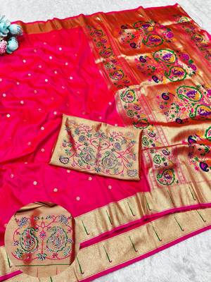 Pink zari woven paithani silk traditional saree with swarovski blouse piece 1