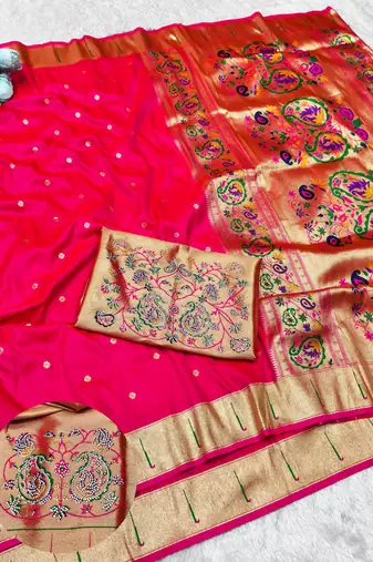 Pink zari woven paithani silk traditional saree with swarovski blouse piece