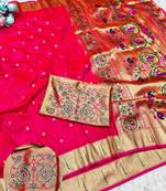 Pink zari woven paithani silk traditional saree with swarovski blouse piece