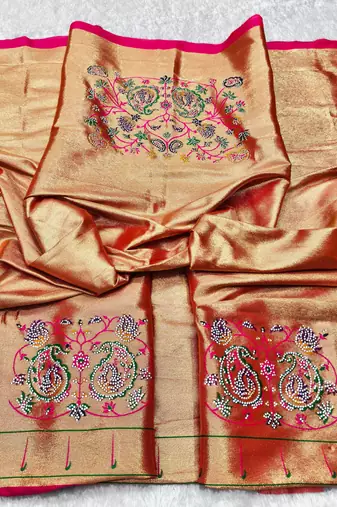 Pink zari woven paithani silk traditional saree with swarovski blouse piece