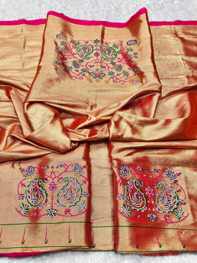 Pink zari woven paithani silk traditional saree with swarovski blouse piece