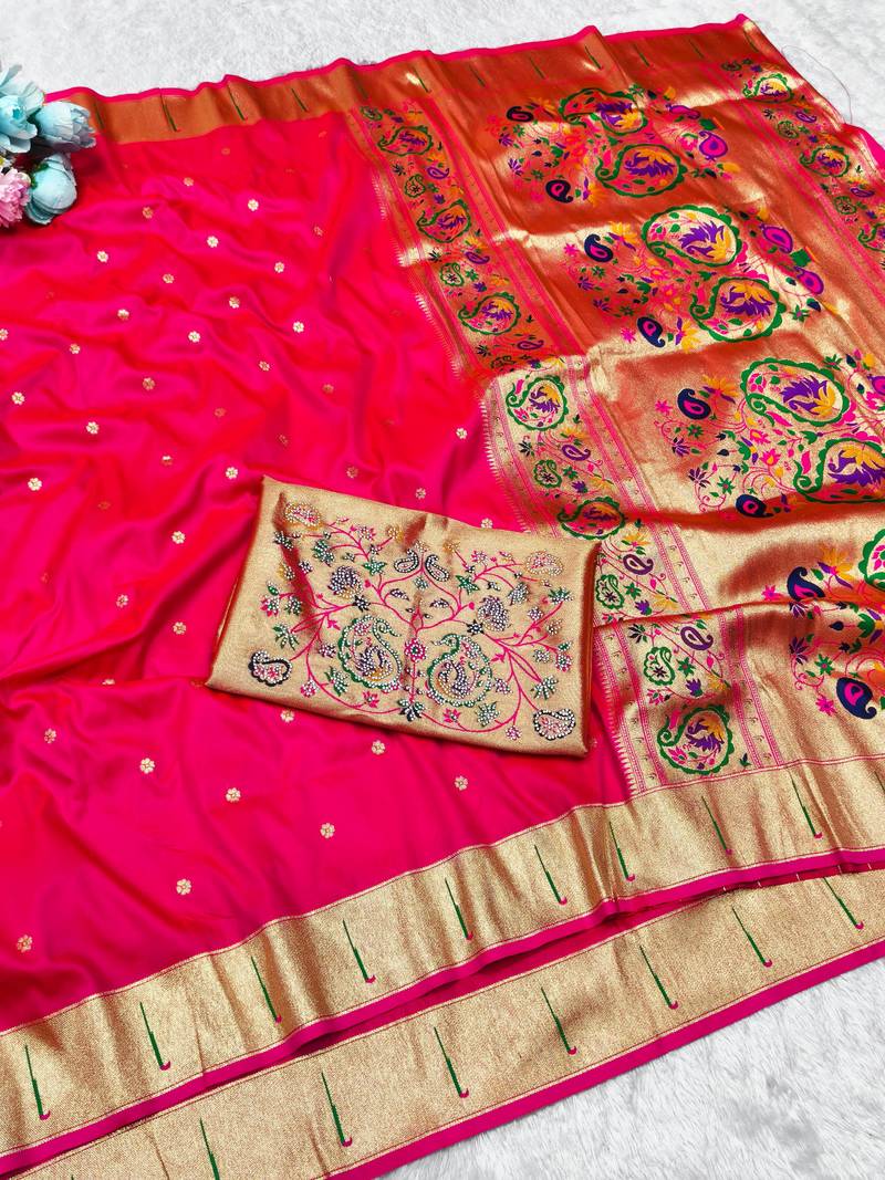Pink zari woven paithani silk traditional saree with swarovski blouse piece