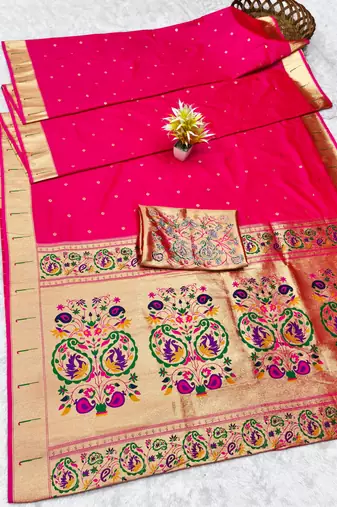 Pink zari woven paithani silk traditional saree with swarovski blouse piece