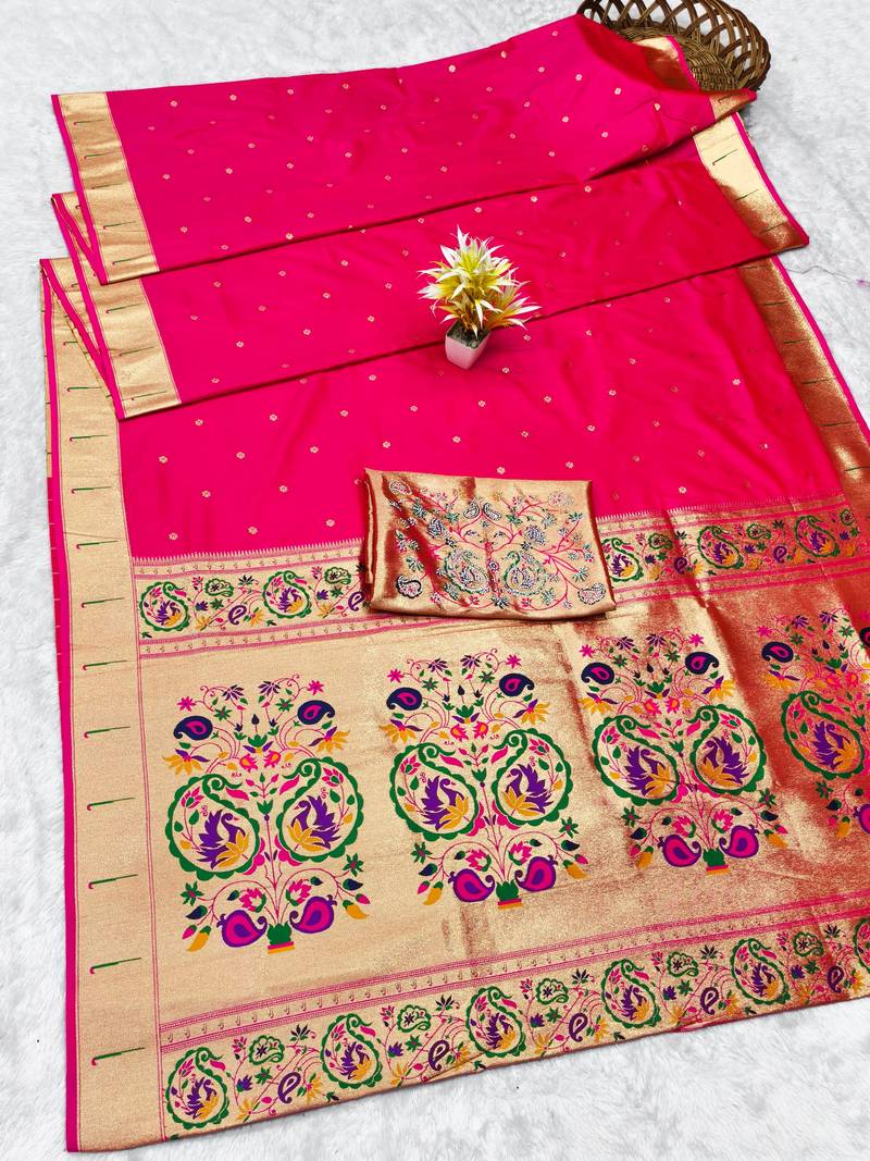 Pink zari woven paithani silk traditional saree with swarovski blouse piece