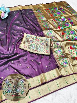 Wine zari woven paithani silk traditional saree with swarovski blouse piece 1