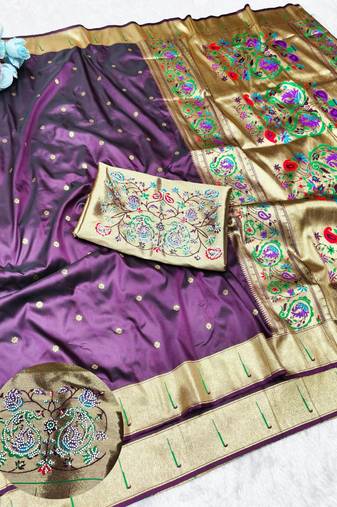 Wine zari woven paithani silk traditional saree with swarovski blouse piece