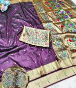 Wine zari woven paithani silk traditional saree with swarovski blouse piece