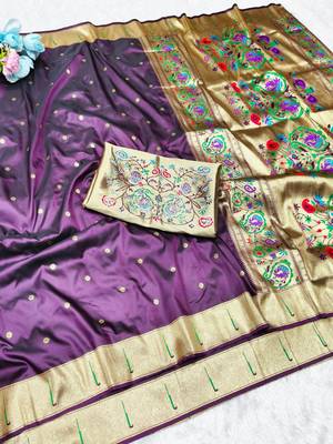 Wine zari woven paithani silk traditional saree with swarovski blouse piece 4