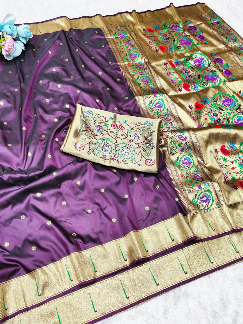 Wine zari woven paithani silk traditional saree with swarovski blouse piece