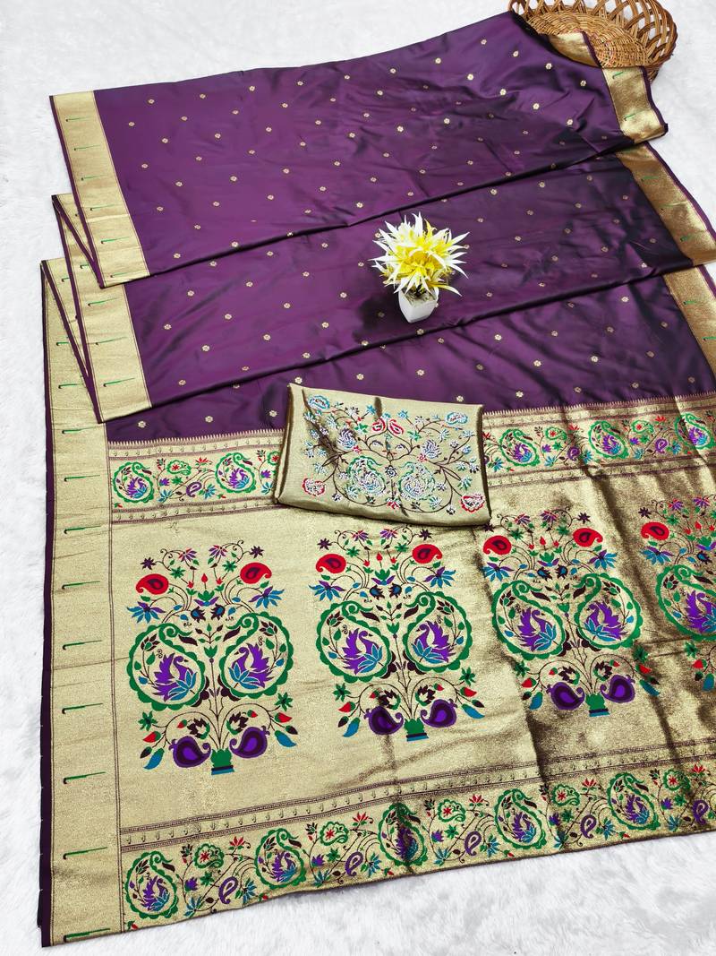 Wine zari woven paithani silk traditional saree with swarovski blouse piece