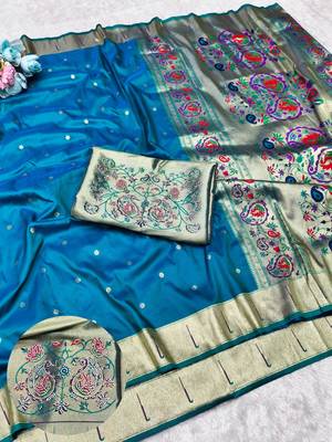 Rama zari woven paithani silk traditional saree with swarovski blouse piece 1