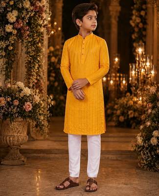 Yellow embroidered cotton straight kurta 1