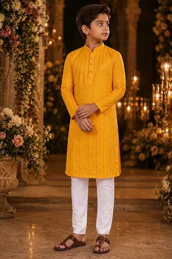 Yellow embroidered cotton straight kurta
