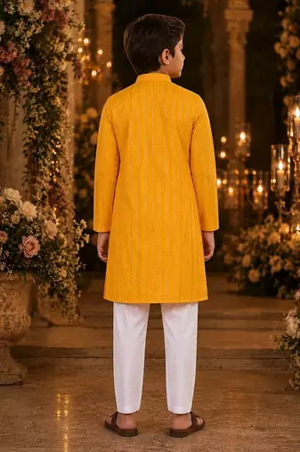 Yellow embroidered cotton straight kurta