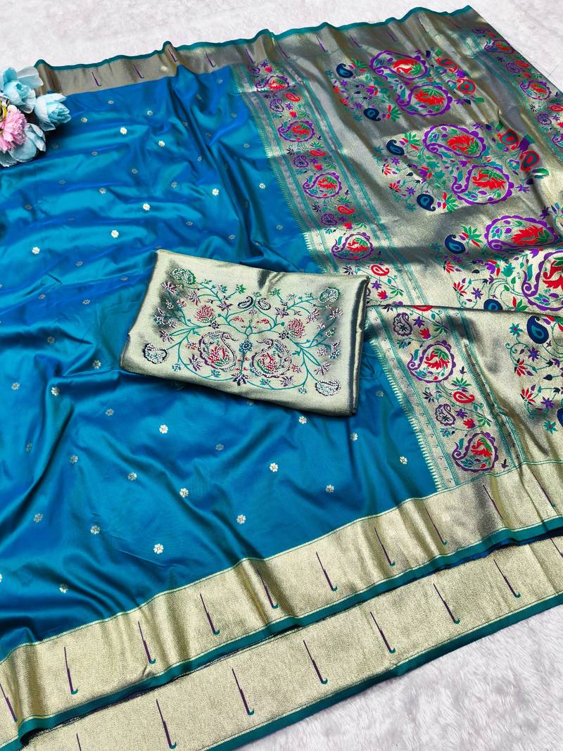 Rama zari woven paithani silk traditional saree with swarovski blouse piece