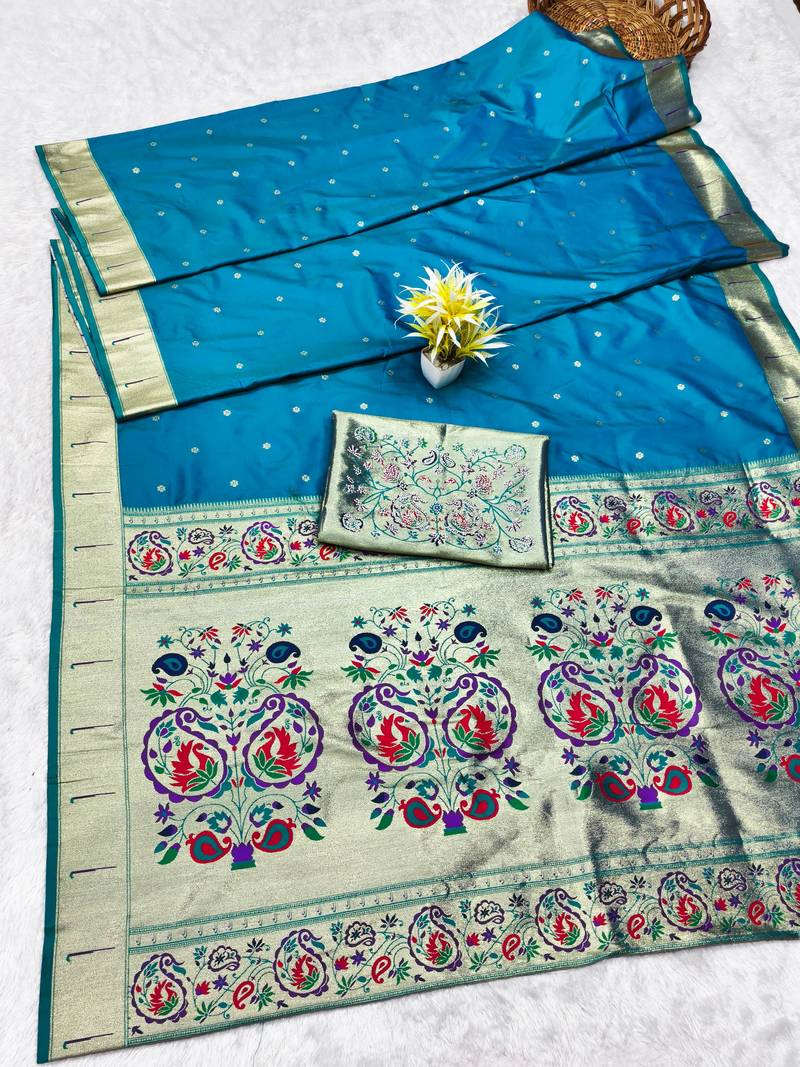 Rama zari woven paithani silk traditional saree with swarovski blouse piece