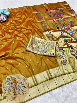 Mehendi zari woven paithani silk traditional saree with swarovski blouse piece 1