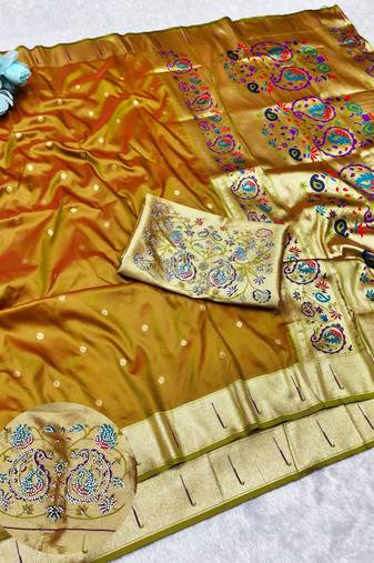 Mehendi zari woven paithani silk traditional saree with swarovski blouse piece