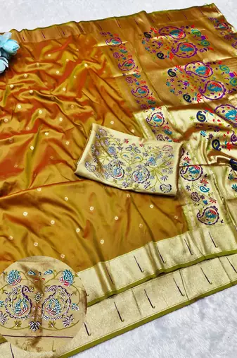 Mehendi zari woven paithani silk traditional saree with swarovski blouse piece