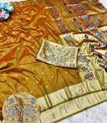 Mehendi zari woven paithani silk traditional saree with swarovski blouse piece