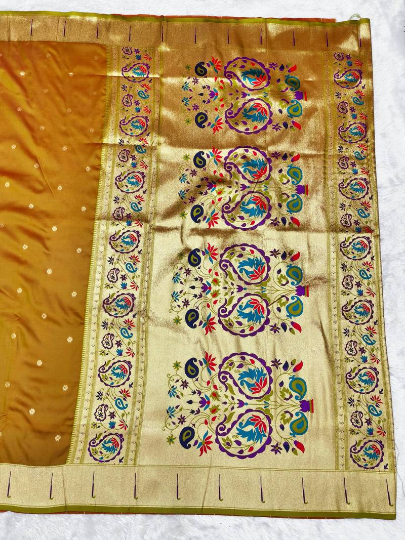 Mehendi zari woven paithani silk traditional saree with swarovski blouse piece