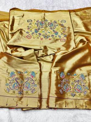 Mehendi zari woven paithani silk traditional saree with swarovski blouse piece 3