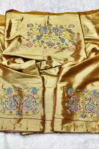 Mehendi zari woven paithani silk traditional saree with swarovski blouse piece