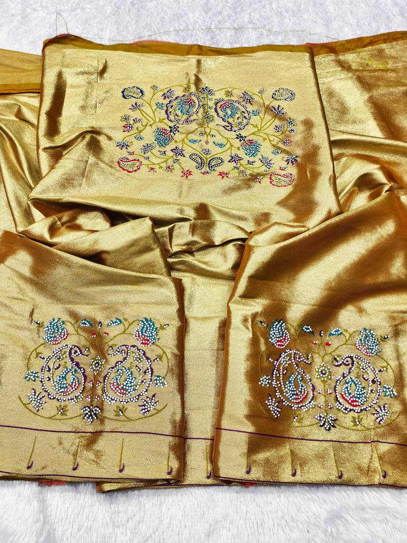 Mehendi zari woven paithani silk traditional saree with swarovski blouse piece