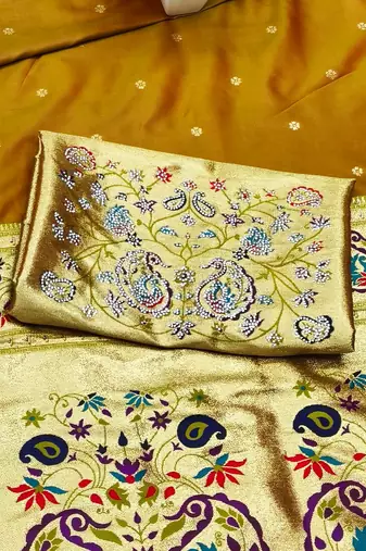 Mehendi zari woven paithani silk traditional saree with swarovski blouse piece