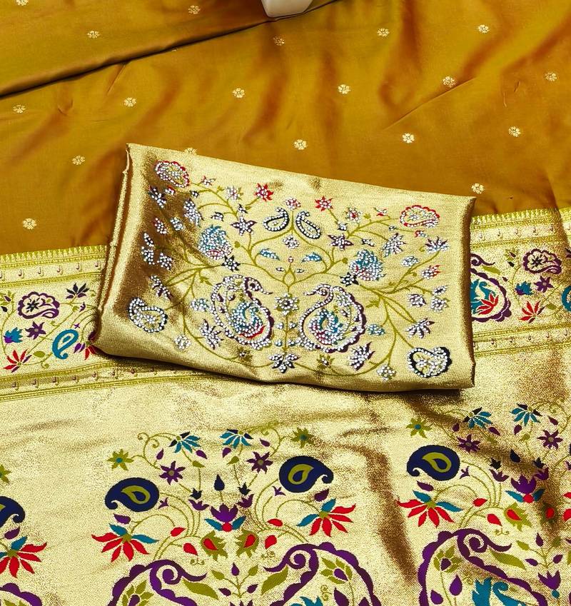 Mehendi zari woven paithani silk traditional saree with swarovski blouse piece